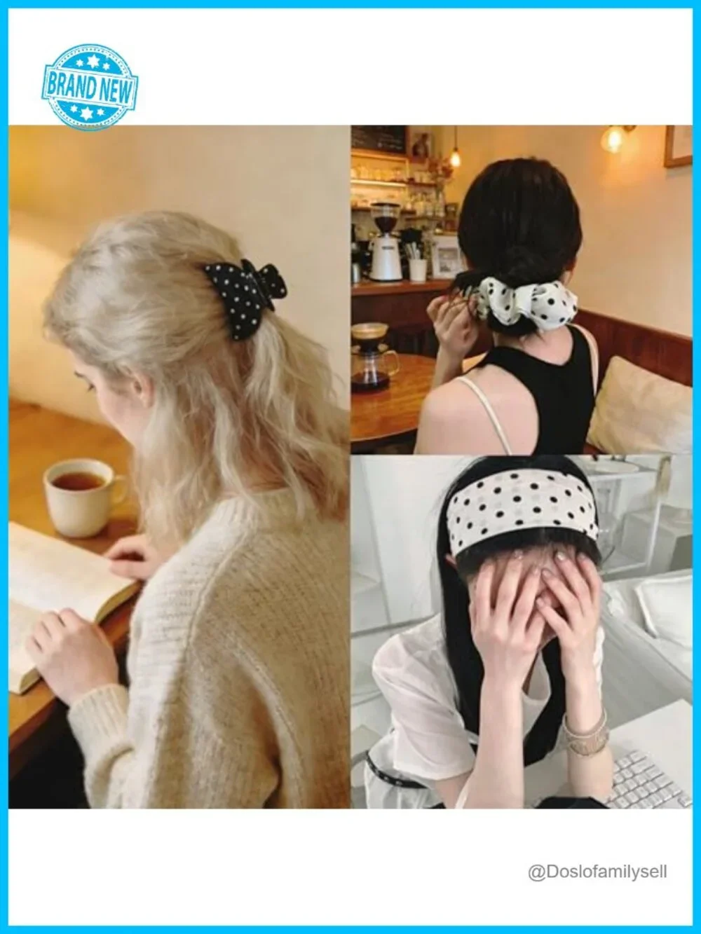 6 Piece Polka Dot Hair Set with Headbands Claw Clips Scrunchies - Non Slip